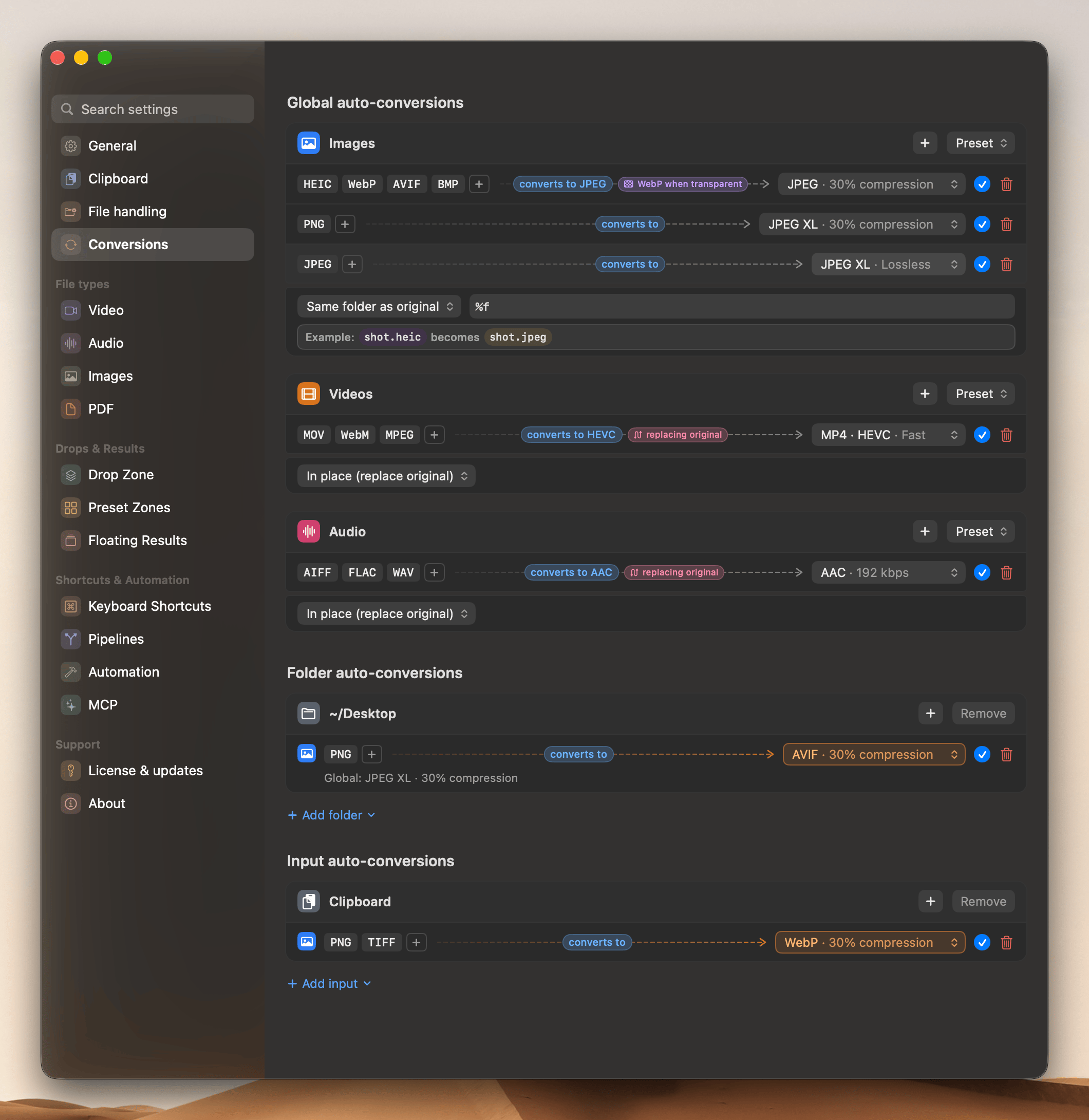Conversions pane