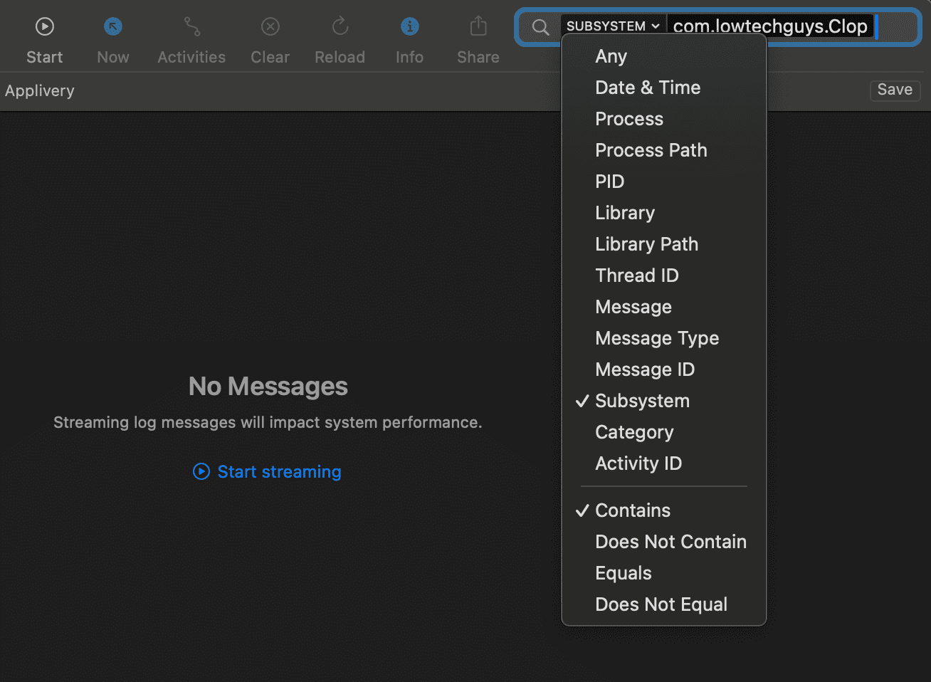 filtering console logs by subsystem